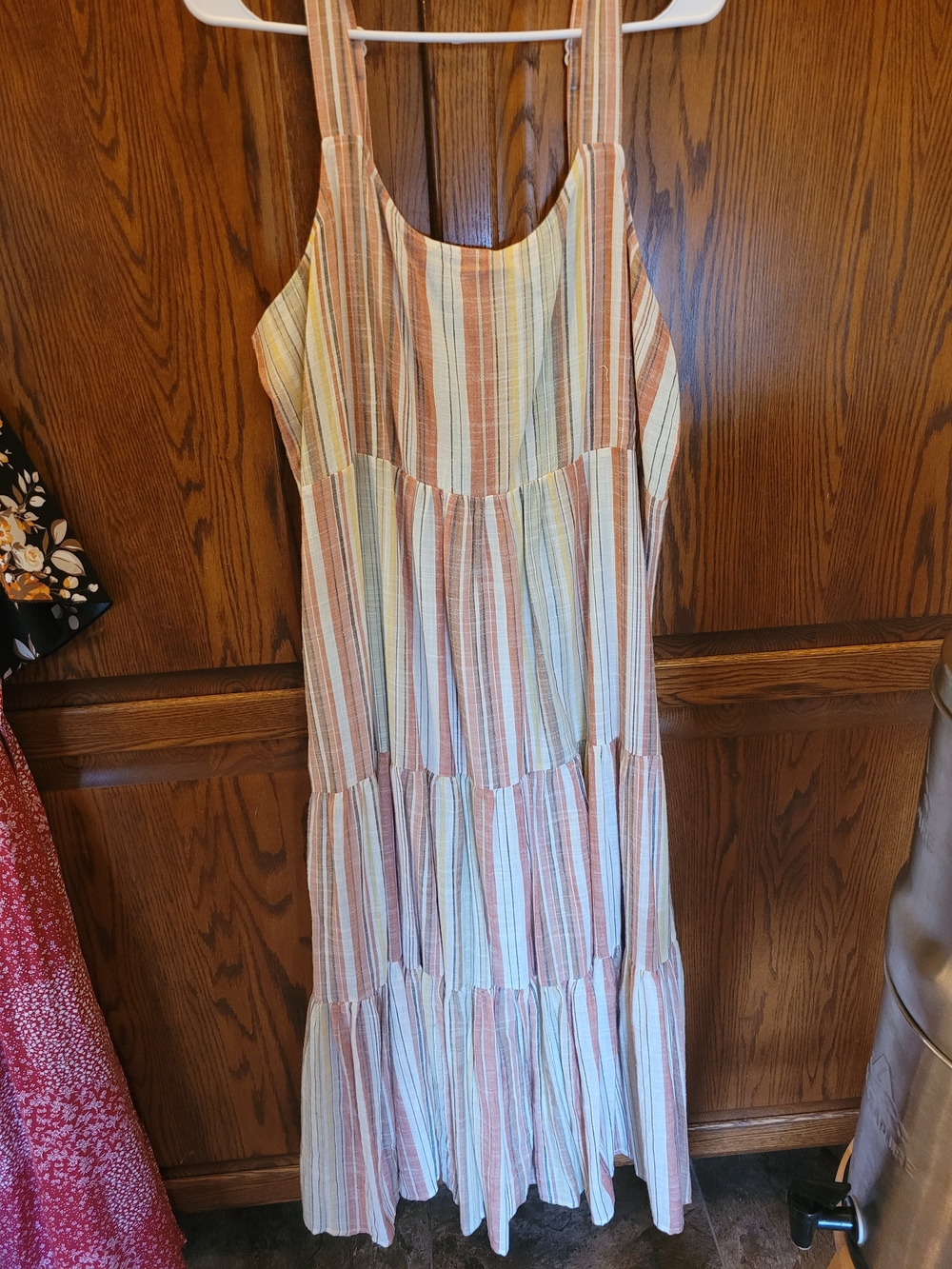 Sleeveless Striped Tiered Maxi Dress in Peach, Cream & Soft Blue